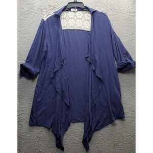 UMGEE Cardigan Women's L Navy Cotton Lace Back Roll Tab Sleeve Open Drape Front